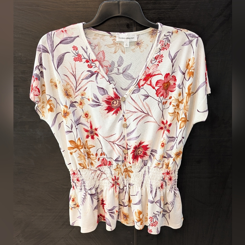 ❣️3/$25 Floral V-Neck Smocked Waist Top - Cream with Red & Purple Flowers